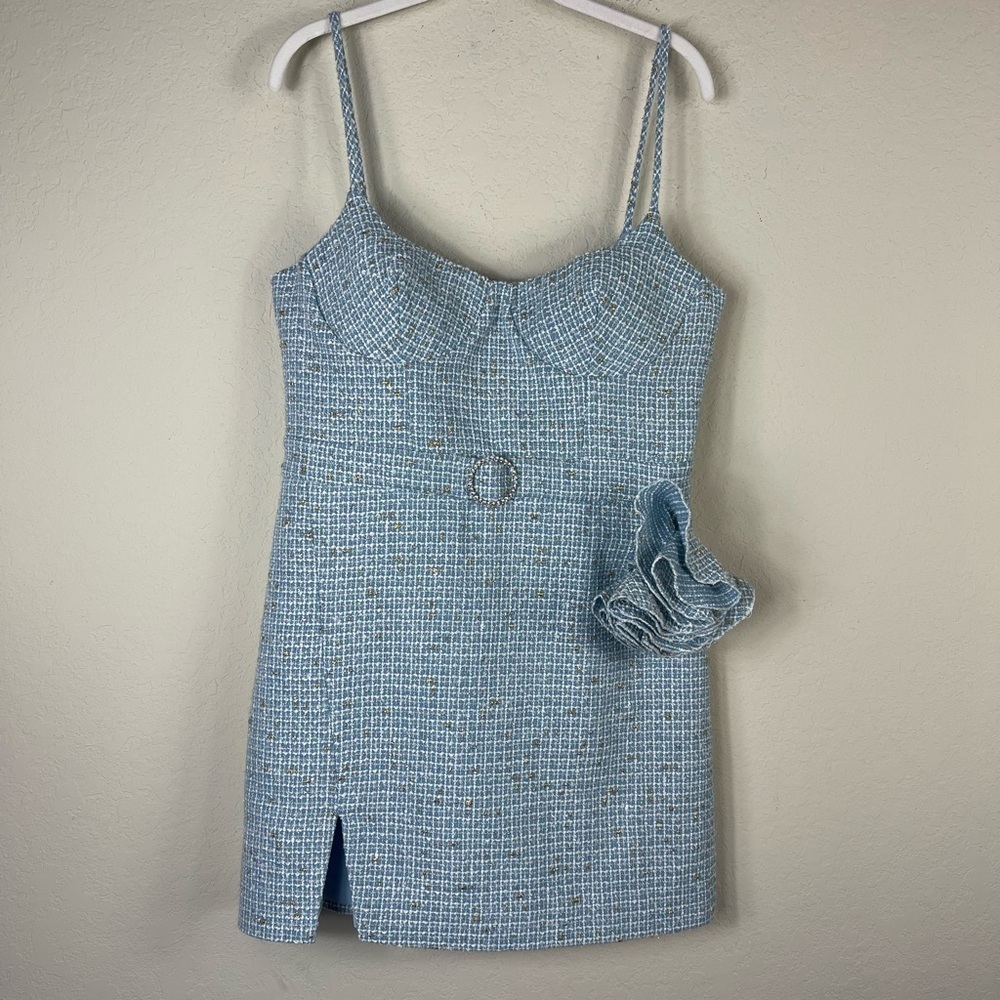 ASOS Luxe Boucle Mini Corsage Dress in Blue Tweed Size 10 - Picture 4 of 12